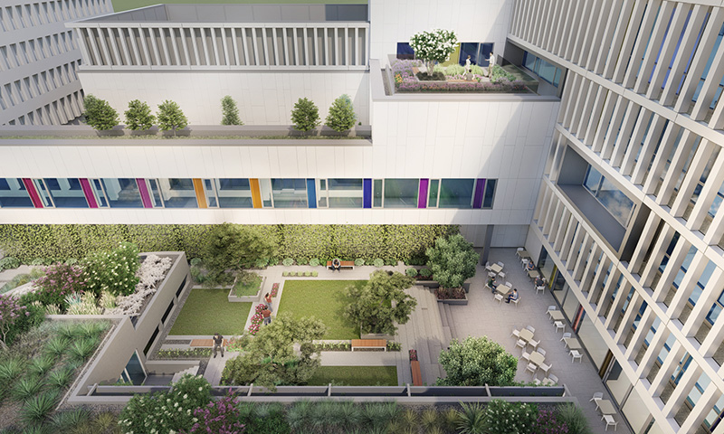 Külső látványterv az NMHH új, Visegrádi utcai épületéről. A képen a belső udvar látható az épület tetejéről