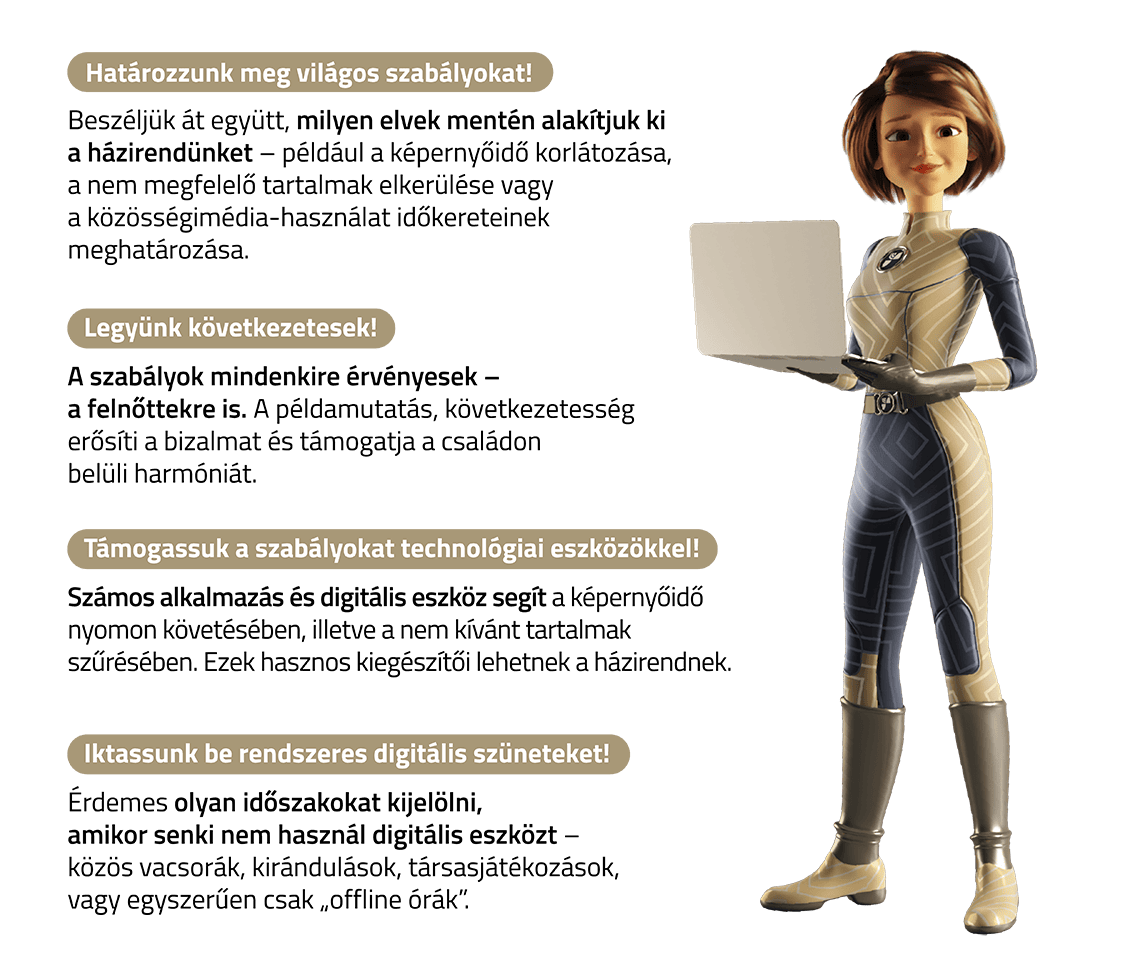 A képen egy szuperhős anyuka látható laptoppal a kezében, mosolyogva. Mellette jótanácsok olvashatók szövegesen.